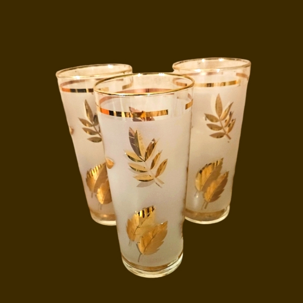 Libbey Golden Foliage Frosted Barware Flat Tumbler Drinking Glasses set of 3